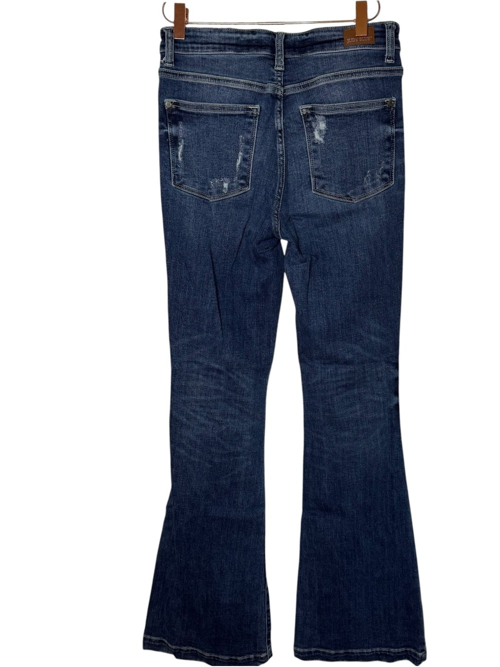 Judy Blue Dark Wash Distressed Trouser Flare Button Fly Jeans - Picture 5 of 8